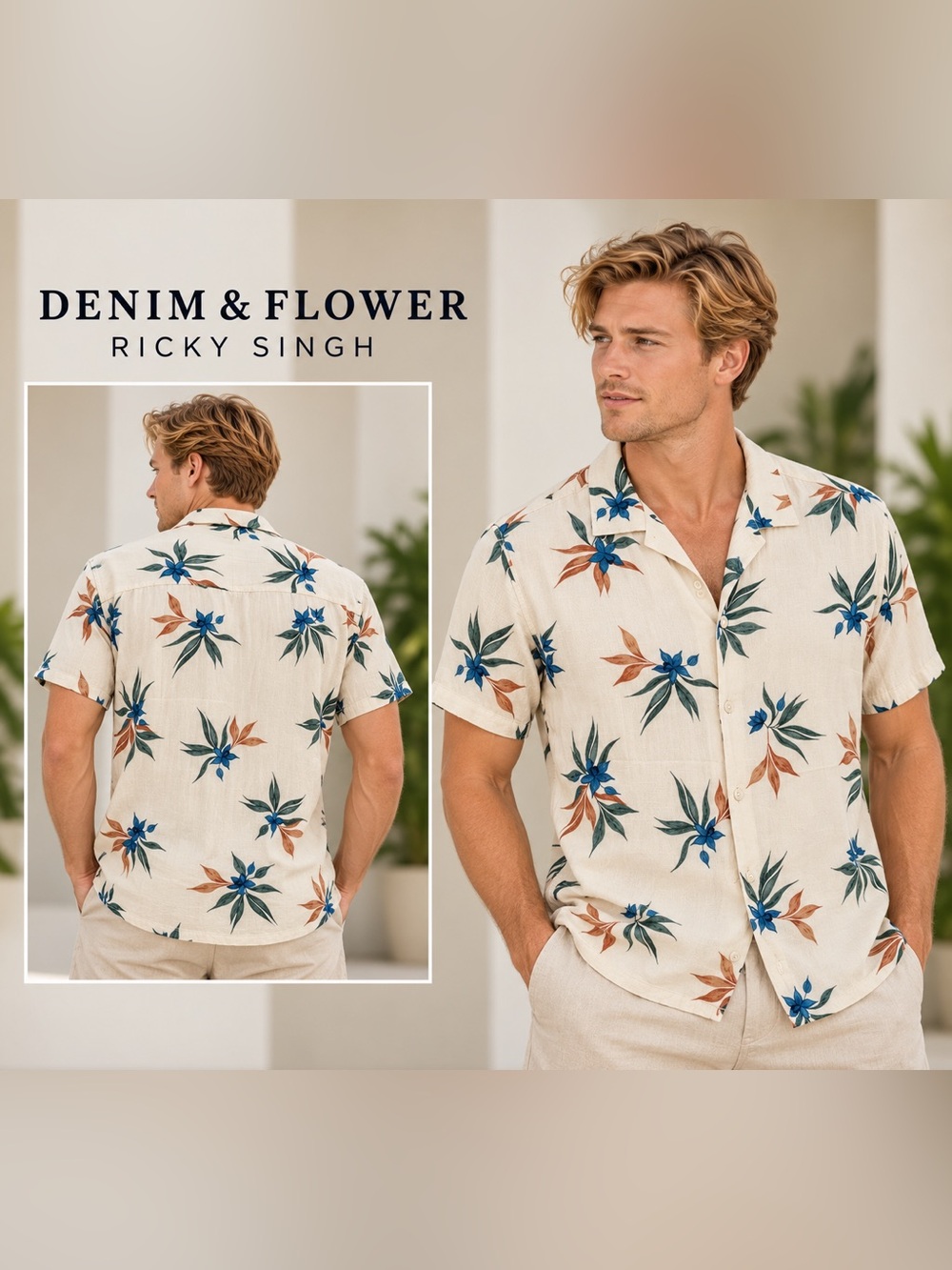 Short-Sleeve Floral Camp Shirt - Cream with Blue & Brown Print